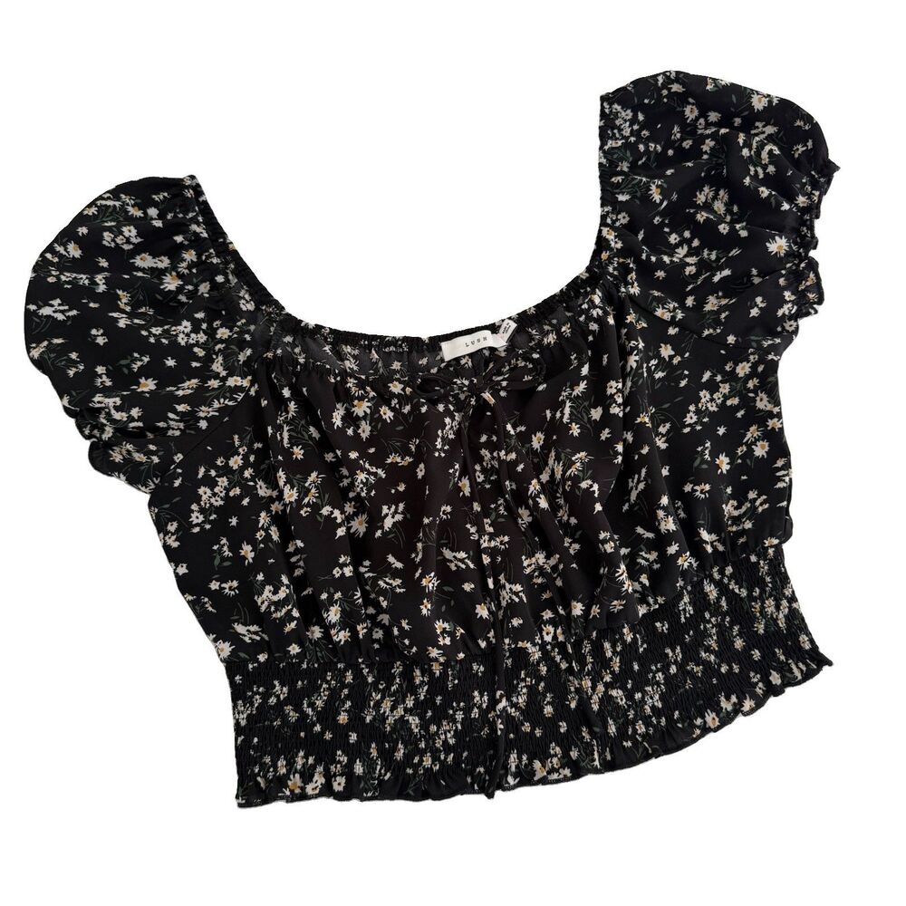 Y2K Babydoll Top Womens L Black Floral Smocked Crop Milkmaid Peasant Festival